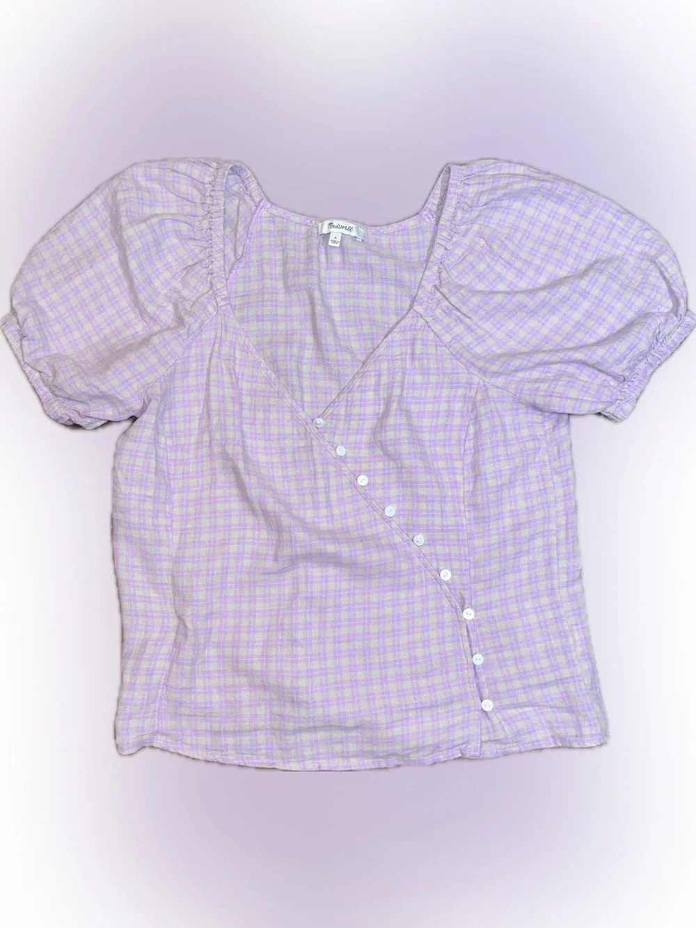 Madewell Tan Pink Gingham Puff-Sleeve Linen Blend Button Wrap Cottagecore Top S